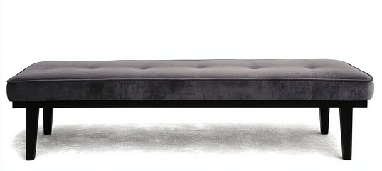 minimalist gray velvet upholstered bench with button tufted cushion and black wooden legs on white background conveying sleek calm elegance