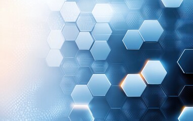 glossy blue hexagonal honeycomb grid with glowing edges and soft light, sleek futuristic calm digital atmosphere