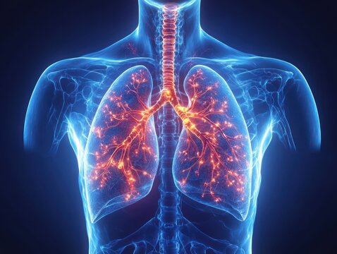 glowing human lungs and bronchial tree inside a translucent chest with trachea and spine highlighted, showing inflamed airways and an urgent clinical atmosphere