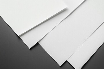Four overlapping white textured paper sheets arranged diagonally on a dark surface, minimalist composition evoking calm and order