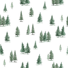 Winter forest landscape with firs, seamless border pattern, watercolor illustration isolated on white background for card and paper design