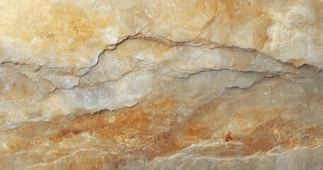weathered layered stone surface with ochre and gray strata, cracked textured rock and warm earthy tones conveying an ancient, rugged, calm feeling