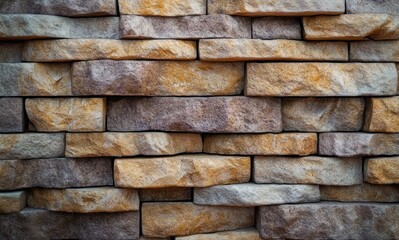 Naklejka premium close-up of warm-toned stacked sandstone wall with rough textured blocks, tight horizontal layers and a rustic sturdy feel