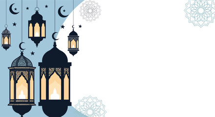Beautiful illuminated Ramadan lanterns hanging with celestial elements on a serene blue and white decorative background.
