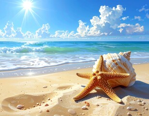 Beach scene with a starfish, shell, sunlight, and puffy clouds