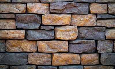 Naklejka premium stacked rough-cut stone wall with warm golden and gray tones, tight-fitted rectangular blocks conveying rustic sturdy earthy warmth