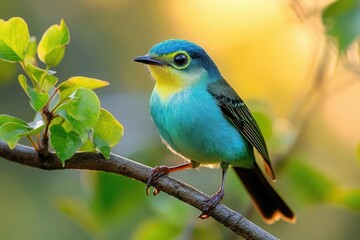 Fototapeta premium Vibrant turquoise and yellow songbird perched on leafy branch in golden light, looking peaceful and curious