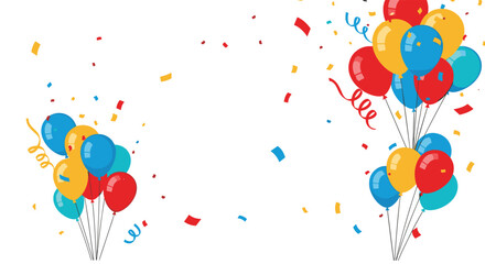 Colorful balloons and falling confetti on a clean white background, creating a festive atmosphere for parties, birthdays, and celebrations.