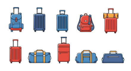 A collection of colorful and diverse travel bags and suitcases, including wheeled luggage, backpacks, and duffle bags, ready for a journey or vacation.