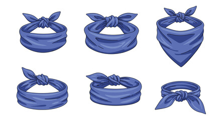 A collection of blue bandanas and headscarves displayed in various stylish knots and folds, perfect for fashion accessories.