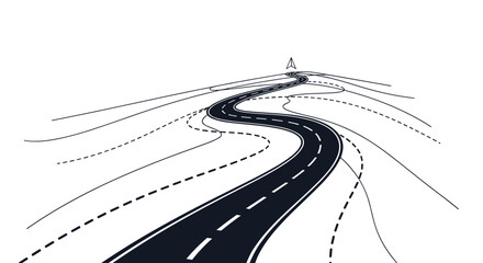 A winding road extends into the distance with dashed lines and a compass needle, symbolizing a journey, navigation, and future direction.