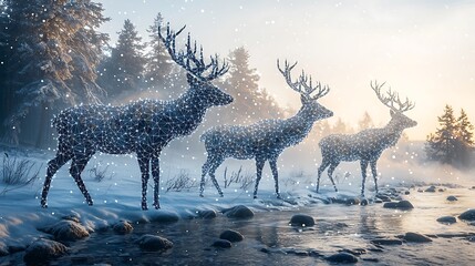 Futuristic Digital Deer Network in Snowy Winter Forest. Glowing polygonal animals in serene winter landscape with flowing river, snow, and forest trees.