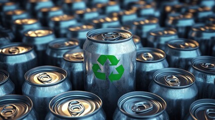 rows of chilled aluminum cans with one prominent can marked by a green recycling symbol, metallic sheen and water droplets conveying sustainability and hopeful eco-consciousness