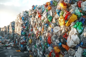 Fototapeta premium Rows of compressed colorful plastic waste bales stacked outdoors in bright sunlight, a striking scene conveying pollution and environmental concern