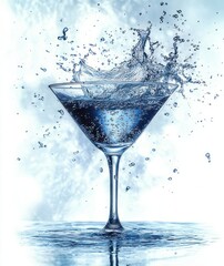 stemmed cocktail glass filled with water erupting into a dramatic midair splash with scattered droplets and reflective ripples, cool energetic mood