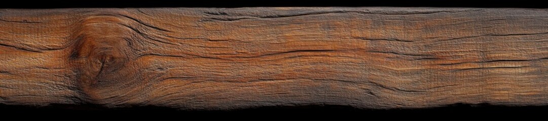 Fototapeta premium weathered wooden plank with knot and pronounced grain on a black background, warm rustic aged texture conveying rugged cozy feeling