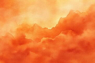 warm orange watercolor landscape with layered misty clouds and jagged mountain silhouette glowing with serene sunset warmth