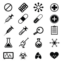Obraz premium Collection of medical icons including pills syringes flasks and hazard symbols in black and white style