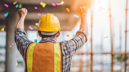 Construction worker with hard hat raising arms in celebratory gesture