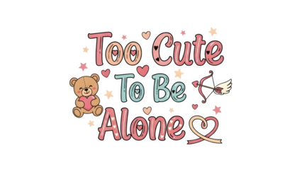 Too Cute To Be Alone Valentine Design with Teddy Bear PNG