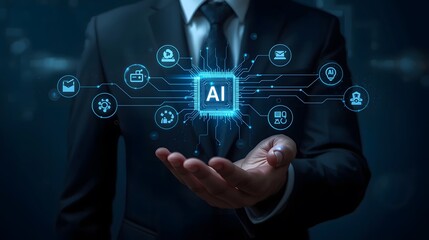 Businessman holding a glowing artificial intelligence chip with interconnected digital icons representing various technology applications in a dark, futuristic setting