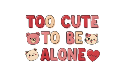 Too Cute To Be Alone Valentine Quote with Cute Characters PNG