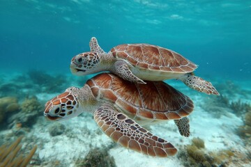 Naklejka premium Two sea turtles swimming gracefully in clear ocean water