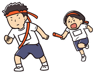 運動会のリレーのバトンパス_カラー