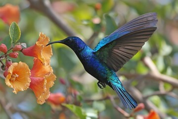 Hummingbird with iridescent feathers hovering near a flower