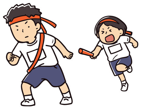 運動会のリレーのバトンパス_カラー