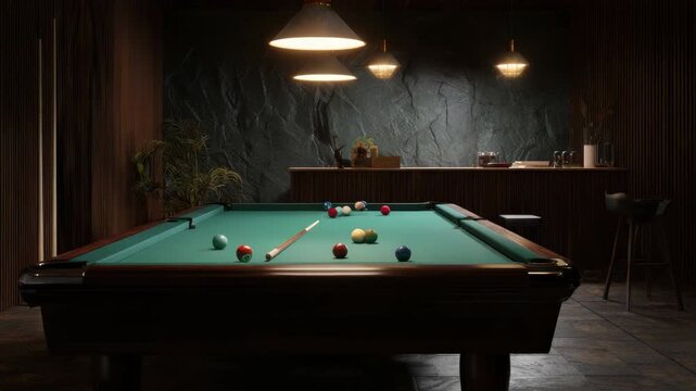 Elegant billiard room with green table and vintage hanging lamps indoor