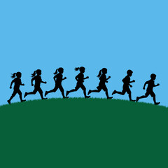 Silhouettes of children running uphill on a vibrant green grassy slope against a clear blue sky, depicting childhood energy, outdoor play, and heal...