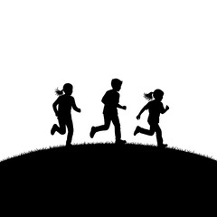 Silhouetted Children Running Uphill on Grassy Slope; Dynamic Kids Playing, Childhood Freedom, and Joyful Energy Illustration