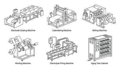 Technical Illustrations Showcasing Various Industrial Battery Production Machines