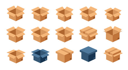 Collection of isometric cardboard boxes for packaging and shipping, featuring open and closed cartons in brown and blue colors.