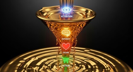 golden funnel with colorful symbols and ripples on surface.