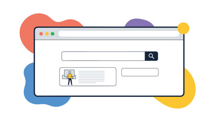 Graphic illustration of a web browser interface with a search bar, search results, and a person presenting, depicting digital information and online content.