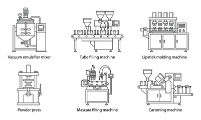 Cosmetic production line equipment: Mixing, filling, and packaging machines.