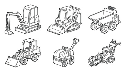 Collection of Isolated Vector Line Art Construction Equipment Icons Set