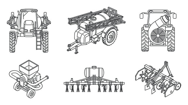 Agricultural Machinery Set, detailed vector drawing of farm equipment.