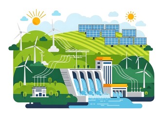 Obraz premium Sustainable Energy Production A Landscape with Wind Turbines, Solar Panels, and Hydro Dam