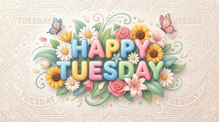 Words ‘HAPPY TUESDAY’ in cheerful colorful style surrounded by fresh flowers, soft leaves, light petals, and gentle decorative elements