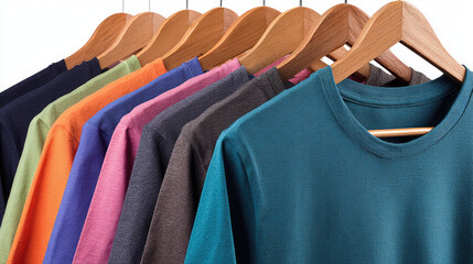 Obraz premium Colorful T-shirts Hanging on Wooden Hangers, Clothes Collection.