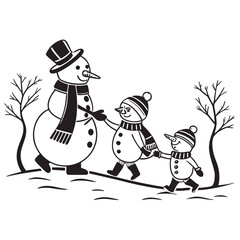 Christmas snowman family holding hands silhouette
