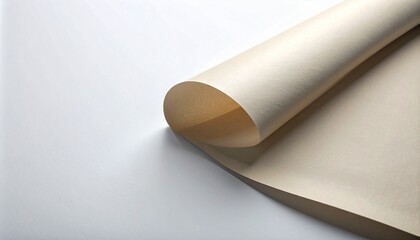 Rolled light brown paper on a clean white background, creating a minimalist and elegant texture backdrop for design and presentation.