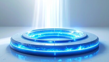 Futuristic Blue Neon Light Podium Display for Product Showcase or Technology Presentation