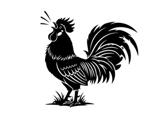 A striking black silhouette of a rooster crowing loudly with its beak open and crest raised, standing on grass.