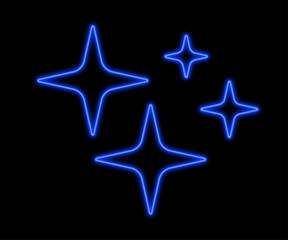 blue stars on black background. Neon four pointed star shapes suggesting sparkle.