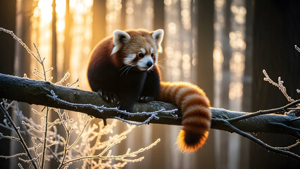 Red panda resting on tree branch in snowy forest
