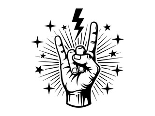 A black and white illustration of a hand making the rock on gesture with a lightning bolt and stars.